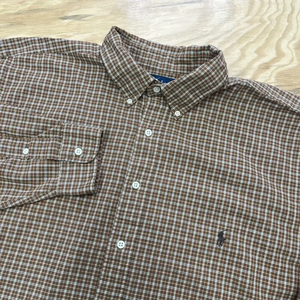 Ralph Lauren Classic Fit Button Down Shirt Men's 2XLT Brown Plaid Check Preppy - Picture 1 of 10